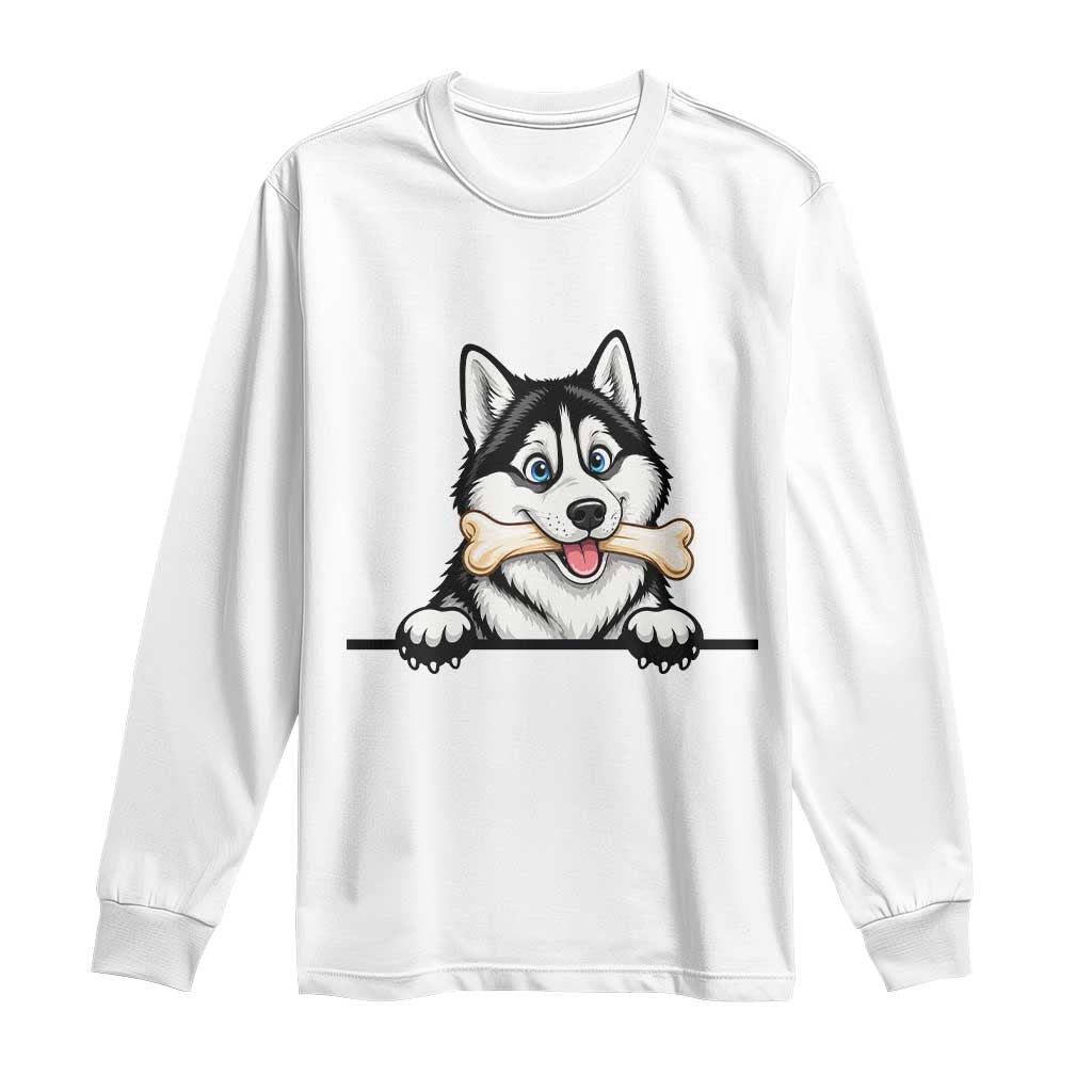 Cute Siberian Husky Puppy Long Sleeve Shirt Chewing Bone Meme TS12 White Print Your Wear