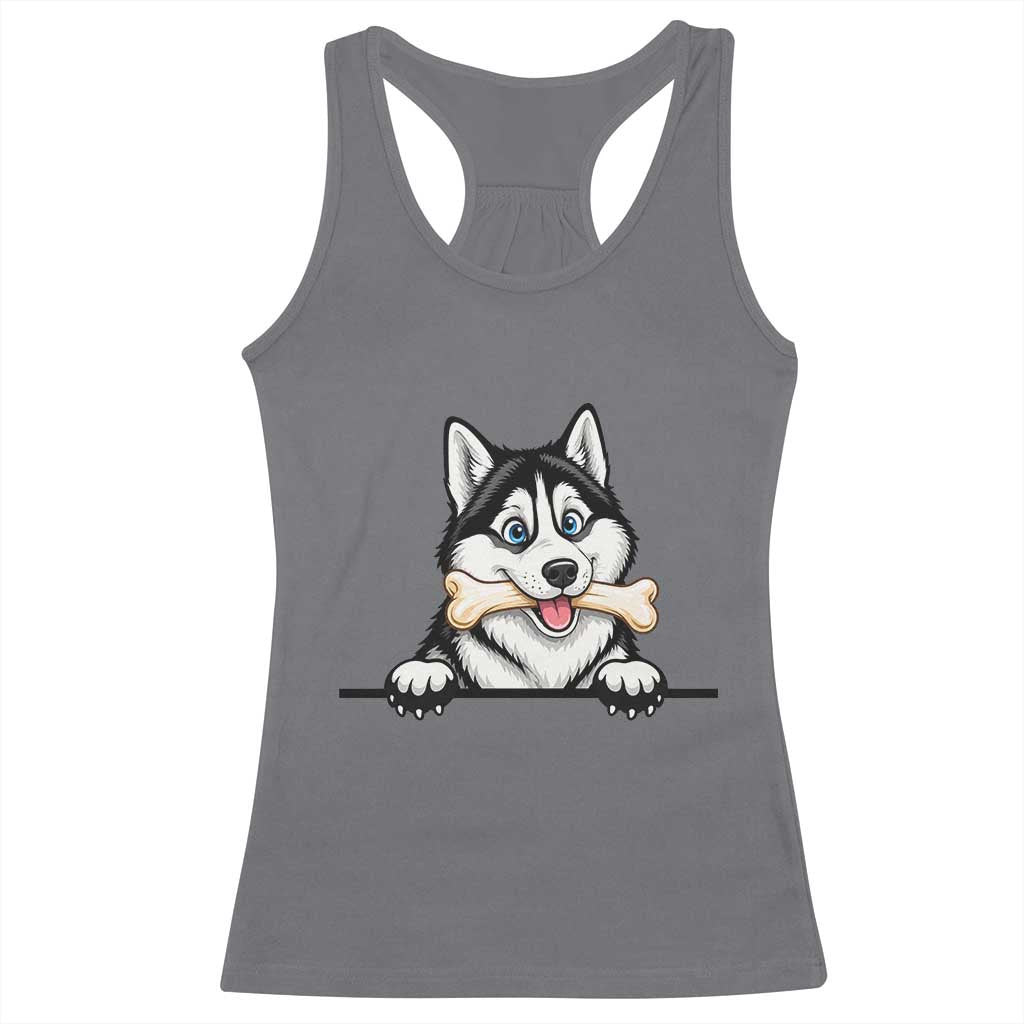 Cute Siberian Husky Puppy Racerback Tank Top Chewing Bone Meme TS12 Charcoal Print Your Wear