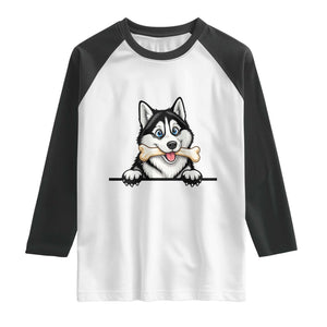 Cute Siberian Husky Puppy Raglan Shirt Chewing Bone Meme TS12 White Black Print Your Wear