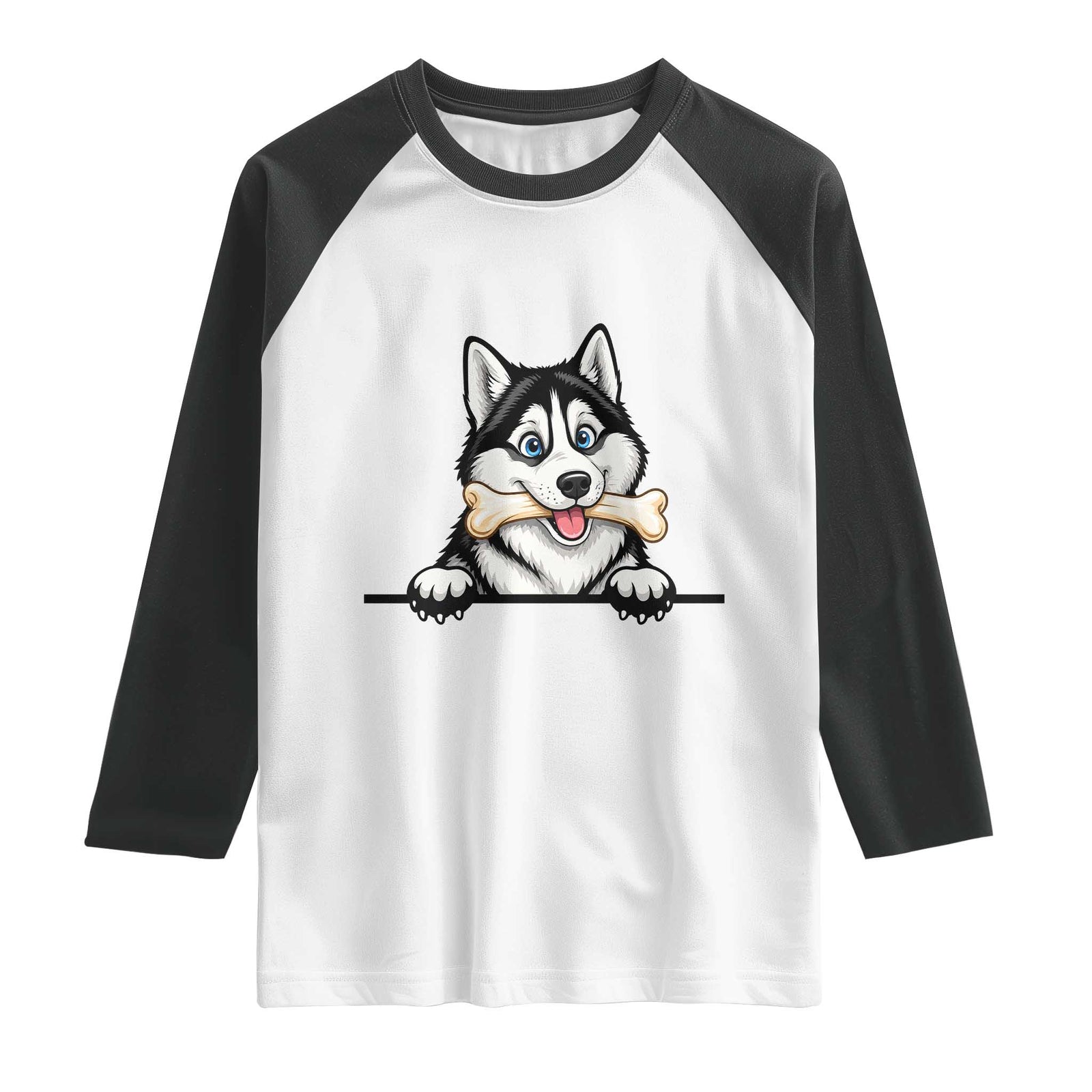 Cute Siberian Husky Puppy Raglan Shirt Chewing Bone Meme TS12 White Black Print Your Wear