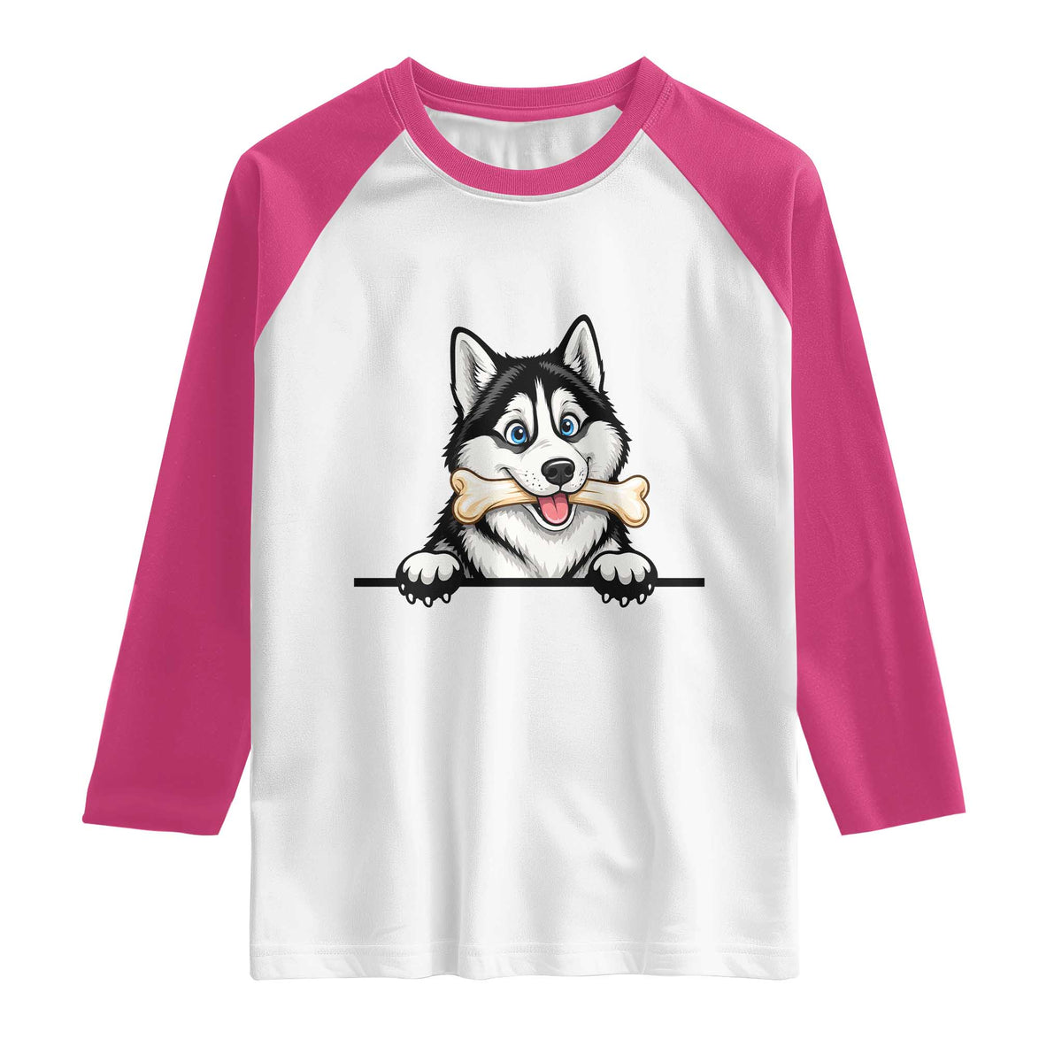 Cute Siberian Husky Puppy Raglan Shirt Chewing Bone Meme TS12 White Heliconia Print Your Wear