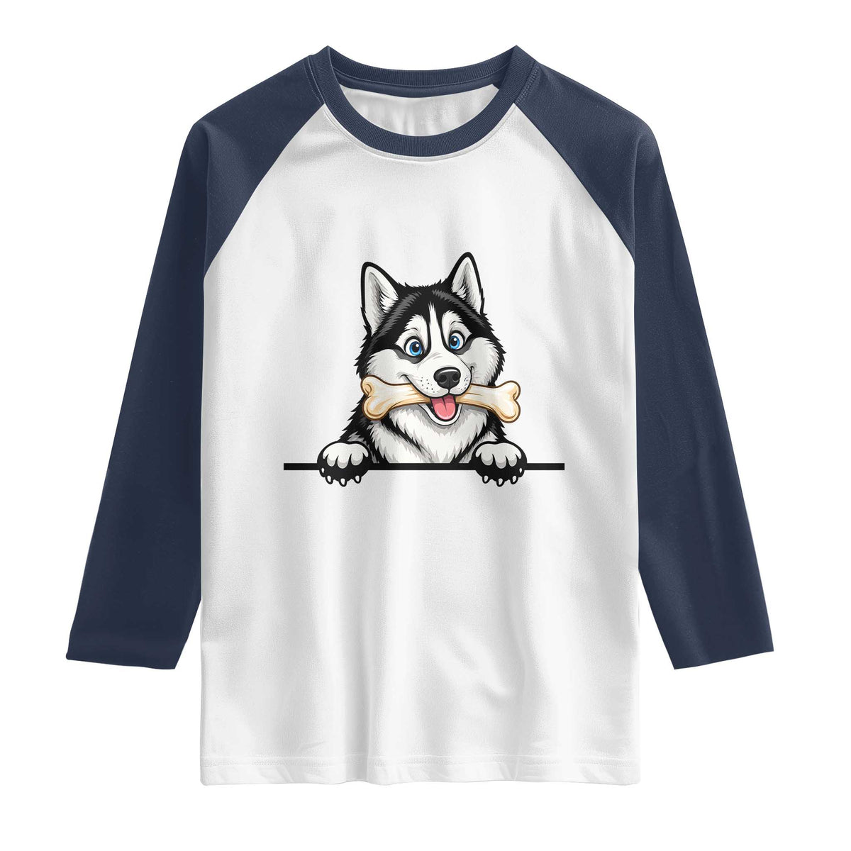 Cute Siberian Husky Puppy Raglan Shirt Chewing Bone Meme TS12 White Navy Print Your Wear