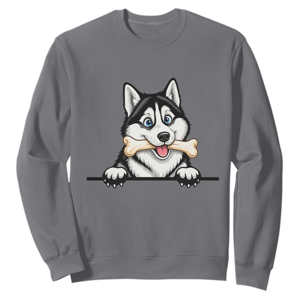 Cute Siberian Husky Puppy Sweatshirt Chewing Bone Meme TS12 Charcoal Print Your Wear