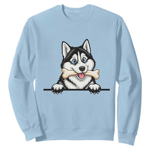 Cute Siberian Husky Puppy Sweatshirt Chewing Bone Meme TS12 Light Blue Print Your Wear