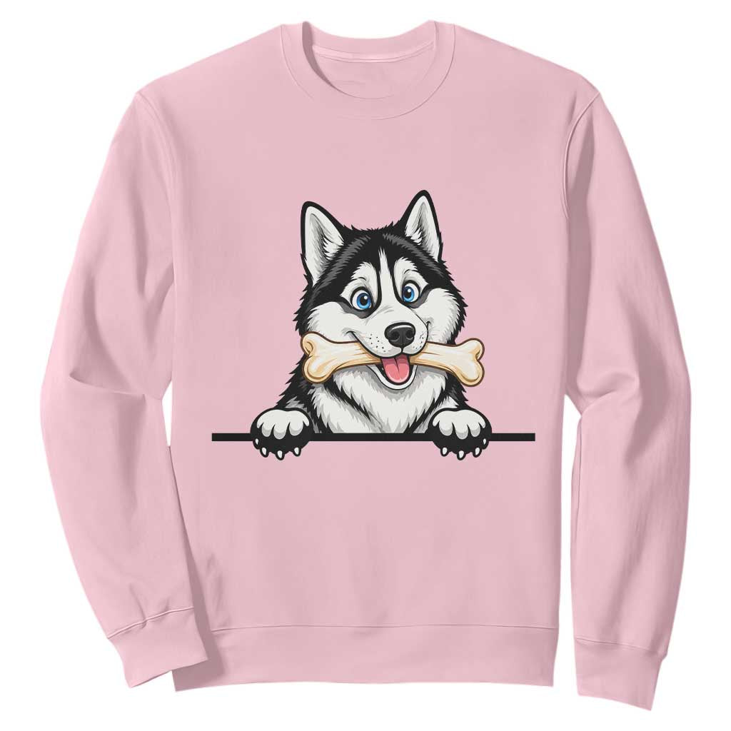 Cute Siberian Husky Puppy Sweatshirt Chewing Bone Meme TS12 Light Pink Print Your Wear