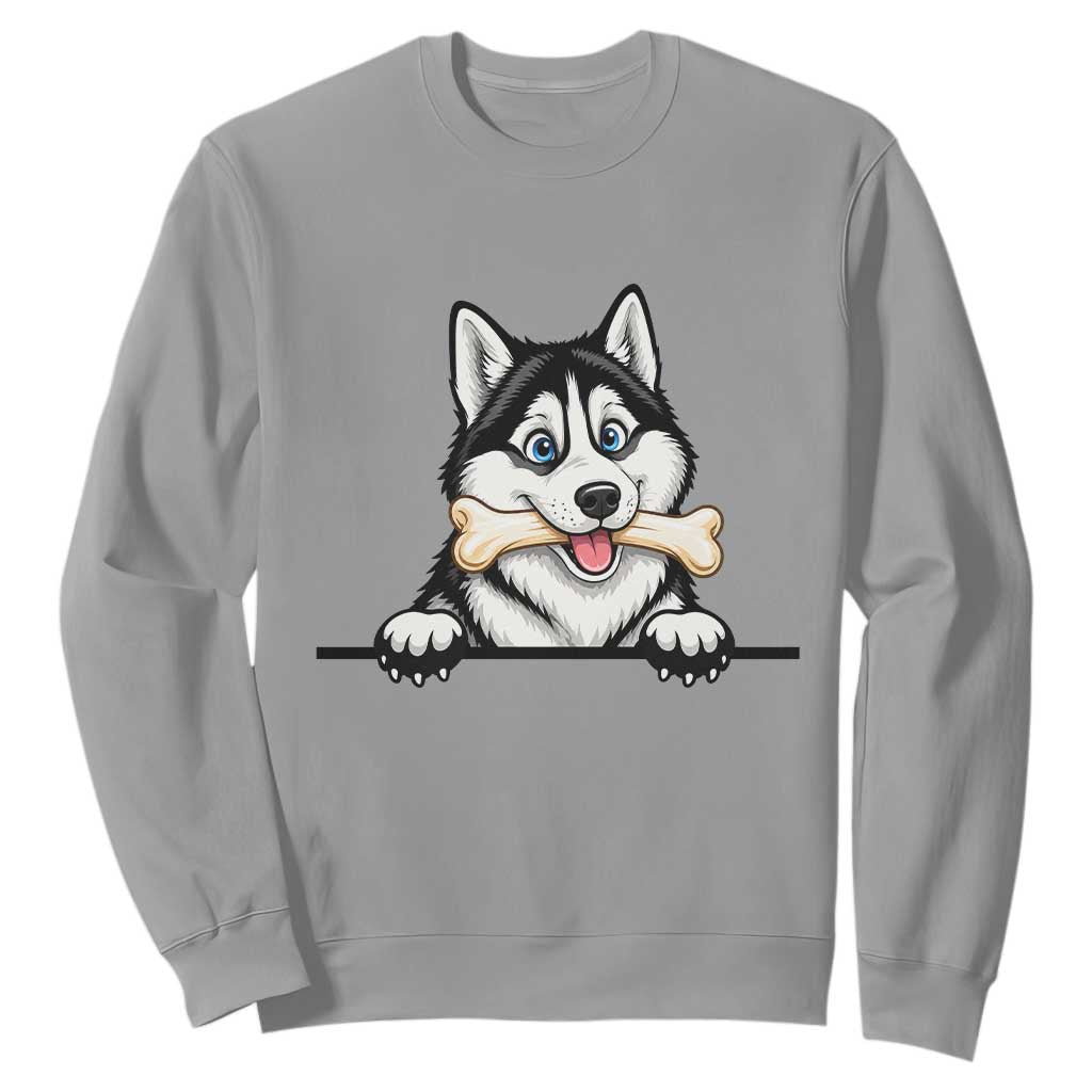 Cute Siberian Husky Puppy Sweatshirt Chewing Bone Meme TS12 Sport Gray Print Your Wear