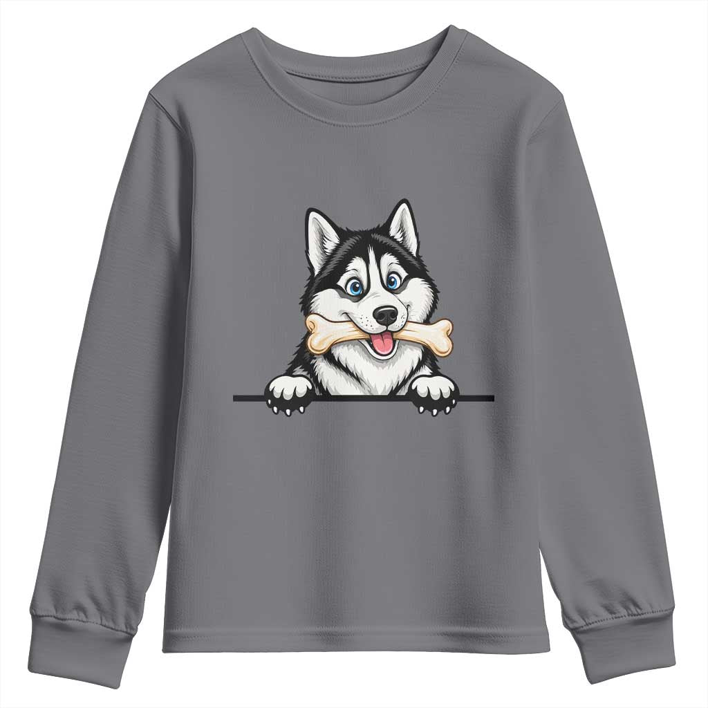 Cute Siberian Husky Puppy Youth Sweatshirt Chewing Bone Meme TS12 Charcoal Print Your Wear