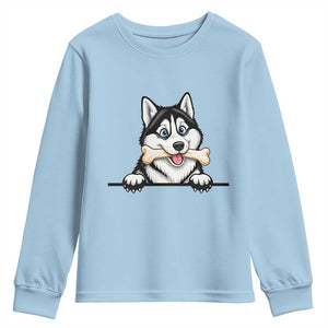 Cute Siberian Husky Puppy Youth Sweatshirt Chewing Bone Meme TS12 Light Blue Print Your Wear