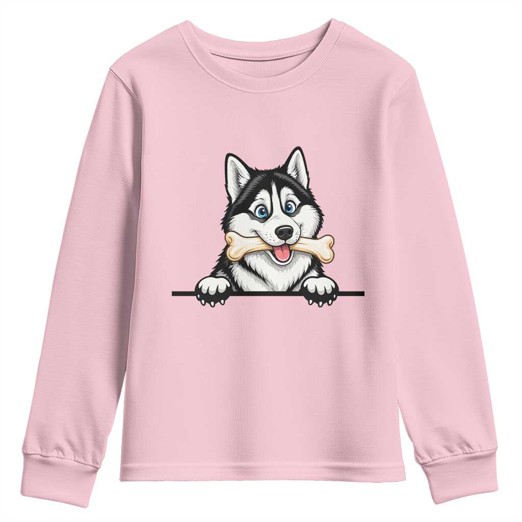 Cute Siberian Husky Puppy Youth Sweatshirt Chewing Bone Meme TS12 Light Pink Print Your Wear