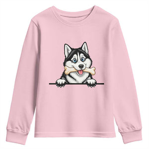 Cute Siberian Husky Puppy Youth Sweatshirt Chewing Bone Meme TS12 Light Pink Print Your Wear