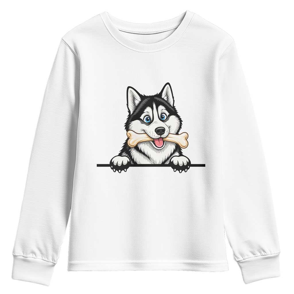 Cute Siberian Husky Puppy Youth Sweatshirt Chewing Bone Meme TS12 White Print Your Wear