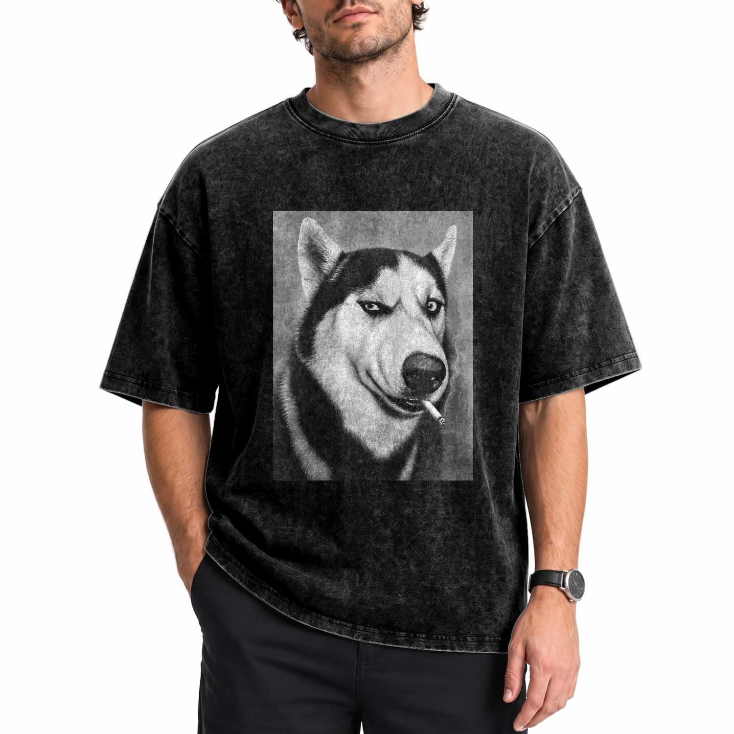 Smoking Siberian Husky Meme Washed Cotton T-Shirt Funny Dog Face Gift For Dog Lovers