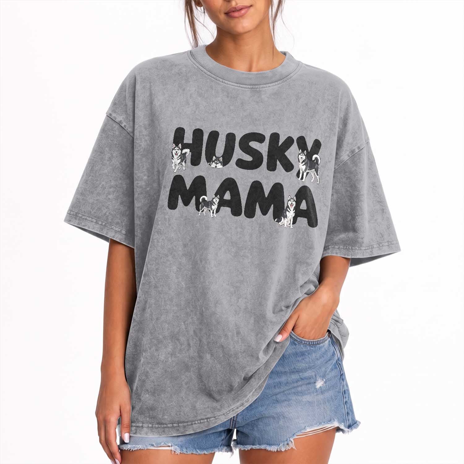 Proud Husky Mama Washed Cotton T-Shirt Siberian Husky Mothers Day Gift
