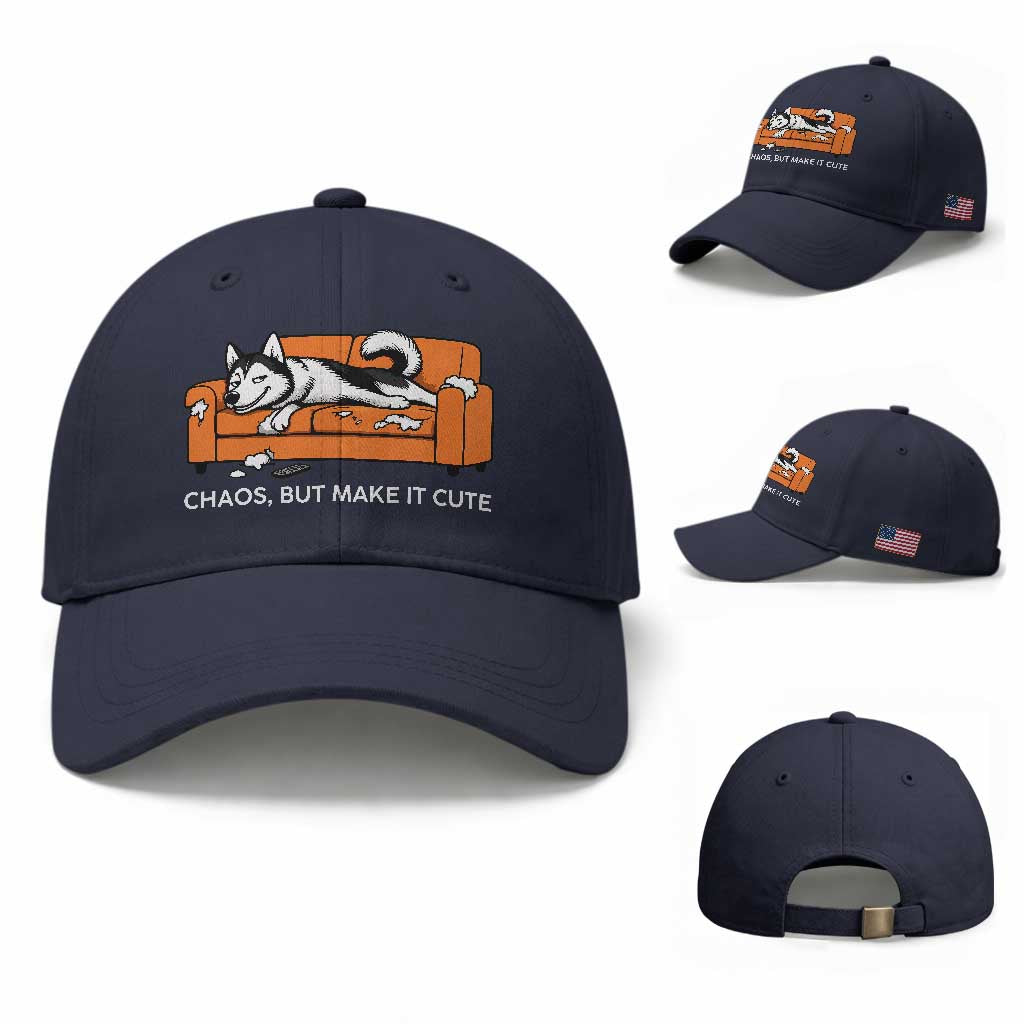 Mischievous Husky Owner Gift Baseball Cap Chaos But Make It Cute TS12 Baseball Cap Universal Fit Navy Print Your Wear