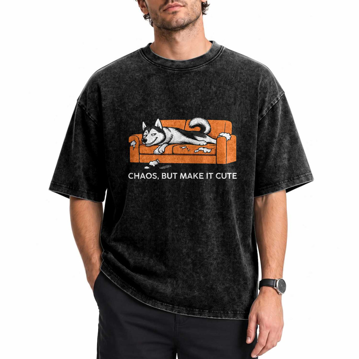 Mischievous Husky Owner Gift Washed Cotton T-Shirt Chaos But Make It Cute