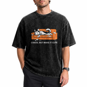 Mischievous Husky Owner Gift Washed Cotton T-Shirt Chaos But Make It Cute