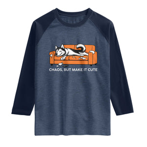 Mischievous Husky Owner Gift Raglan Shirt Chaos But Make It Cute TS12 Heather Denim Navy Print Your Wear