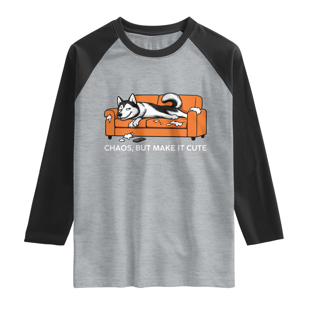 Mischievous Husky Owner Gift Raglan Shirt Chaos But Make It Cute TS12 Heather Gray Black Print Your Wear