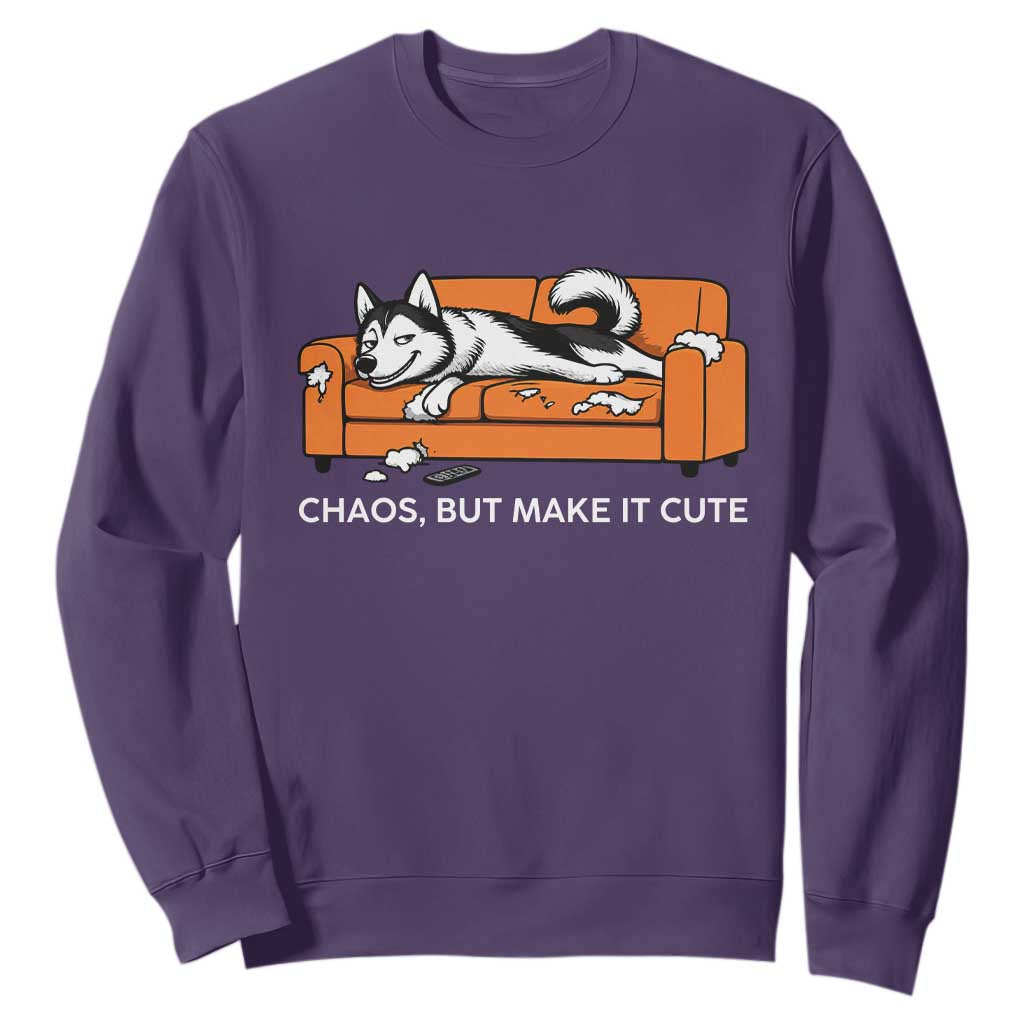 Mischievous Husky Owner Gift Sweatshirt Chaos But Make It Cute TS12 Purple Print Your Wear