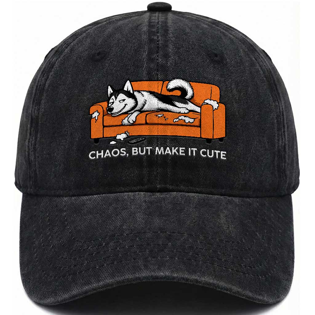 Mischievous Husky Owner Gift Washed Cotton Baseball Cap Chaos But Make It Cute TS12 Print Your Wear