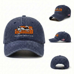 Mischievous Husky Owner Gift Washed Cotton Baseball Cap Chaos But Make It Cute TS12 Washed Cap Universal Fit Navy Print Your Wear