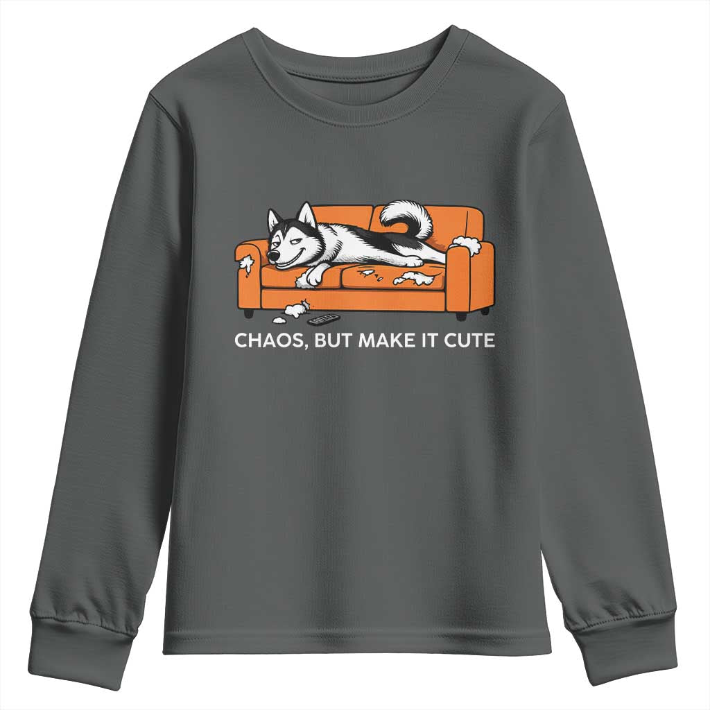 Mischievous Husky Owner Gift Youth Sweatshirt Chaos But Make It Cute TS12 Dark Heather Print Your Wear