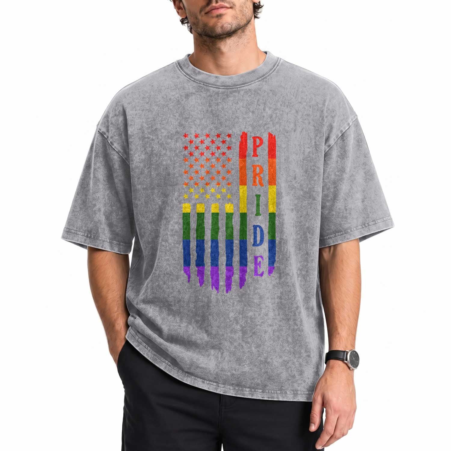 Pride Month Rainbow Flag Graphic Washed Cotton T-Shirt Lesbian Gay LGBT America Flag
