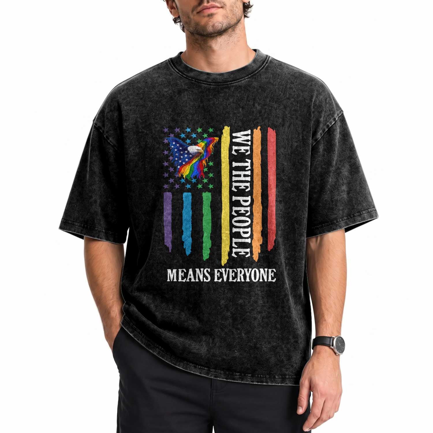 Patriotic Rainbow Pride American Eagle Washed Cotton T-Shirt We The People LGBT Pride