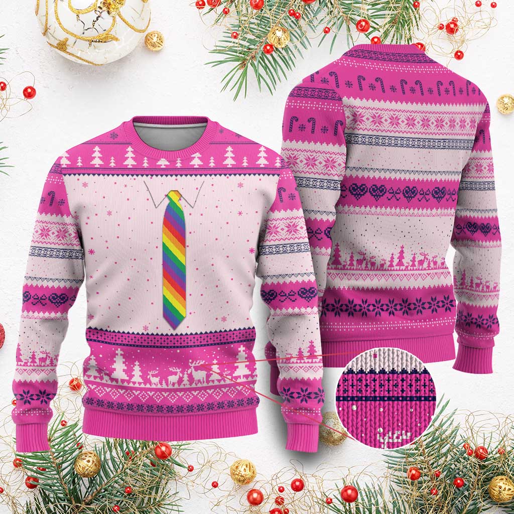 Funny Rainbow Striped Necktie Ugly Christmas Sweater LGBT Pride Support Graphic TS12 Hot Pink Print Your Wear