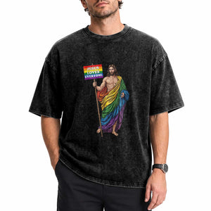 Christian LGBTQ Support Washed Cotton T-Shirt Jesus Loves Everyone