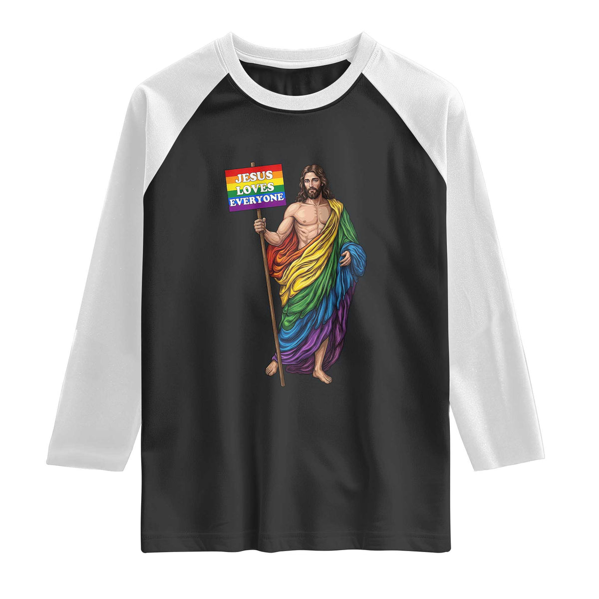 Christian LGBTQ Support Raglan Shirt Jesus Loves Everyone TS12 Black White Print Your Wear