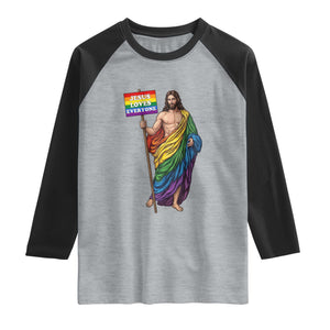 Christian LGBTQ Support Raglan Shirt Jesus Loves Everyone TS12 Heather Gray Black Print Your Wear