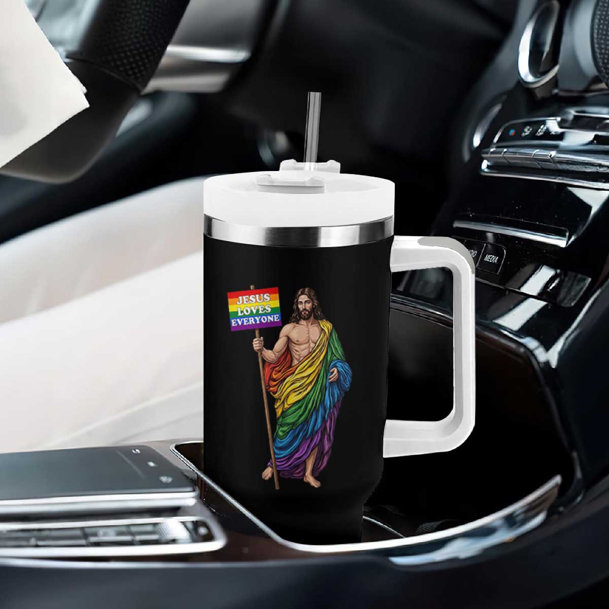Christian LGBTQ Support Tumbler With Handle Jesus Loves Everyone TS12 Print Your Wear