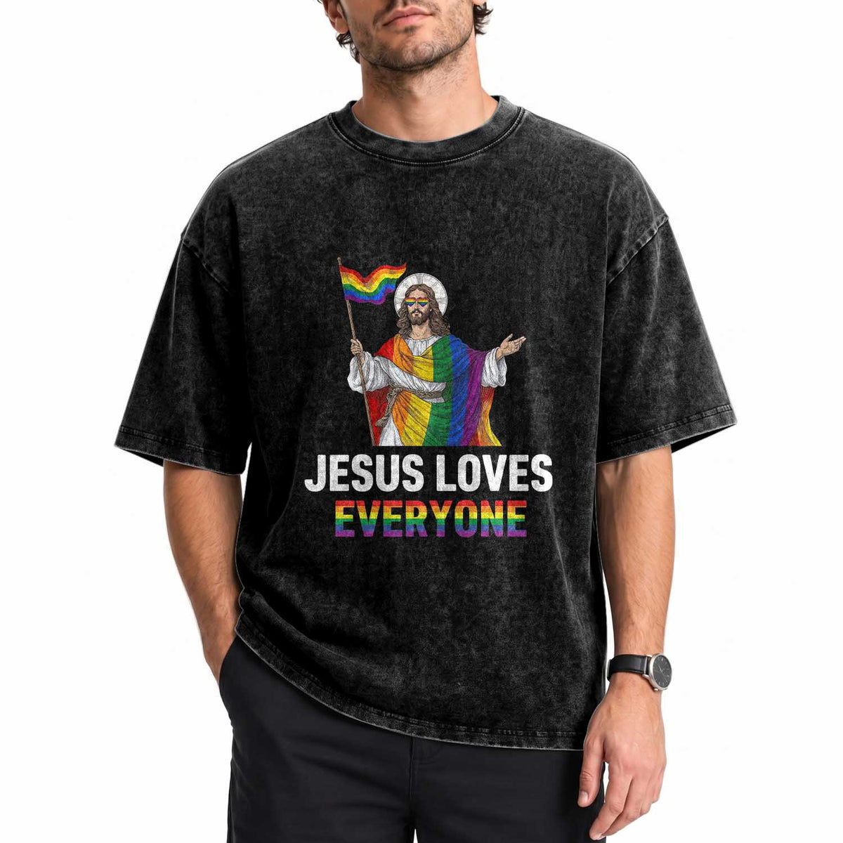 Funny Rainbow Jesus Loves Everyone Washed Cotton T-Shirt Religious LGBTQ Support