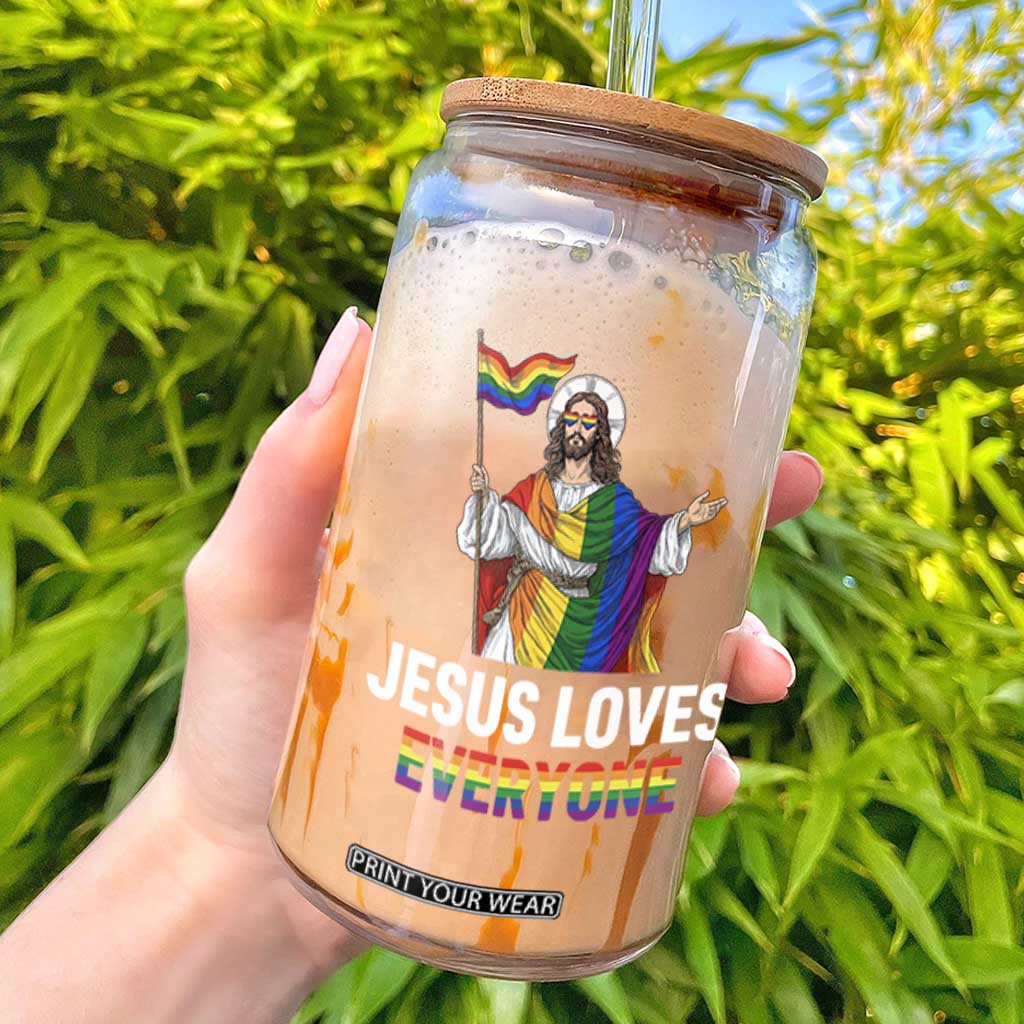 Funny Rainbow Jesus Loves Everyone Glass Can Religious LGBTQ Support TS12 Black Print Your Wear