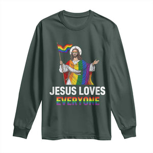 Funny Rainbow Jesus Loves Everyone Long Sleeve Shirt Religious LGBTQ Support TS12 Dark Forest Green Print Your Wear