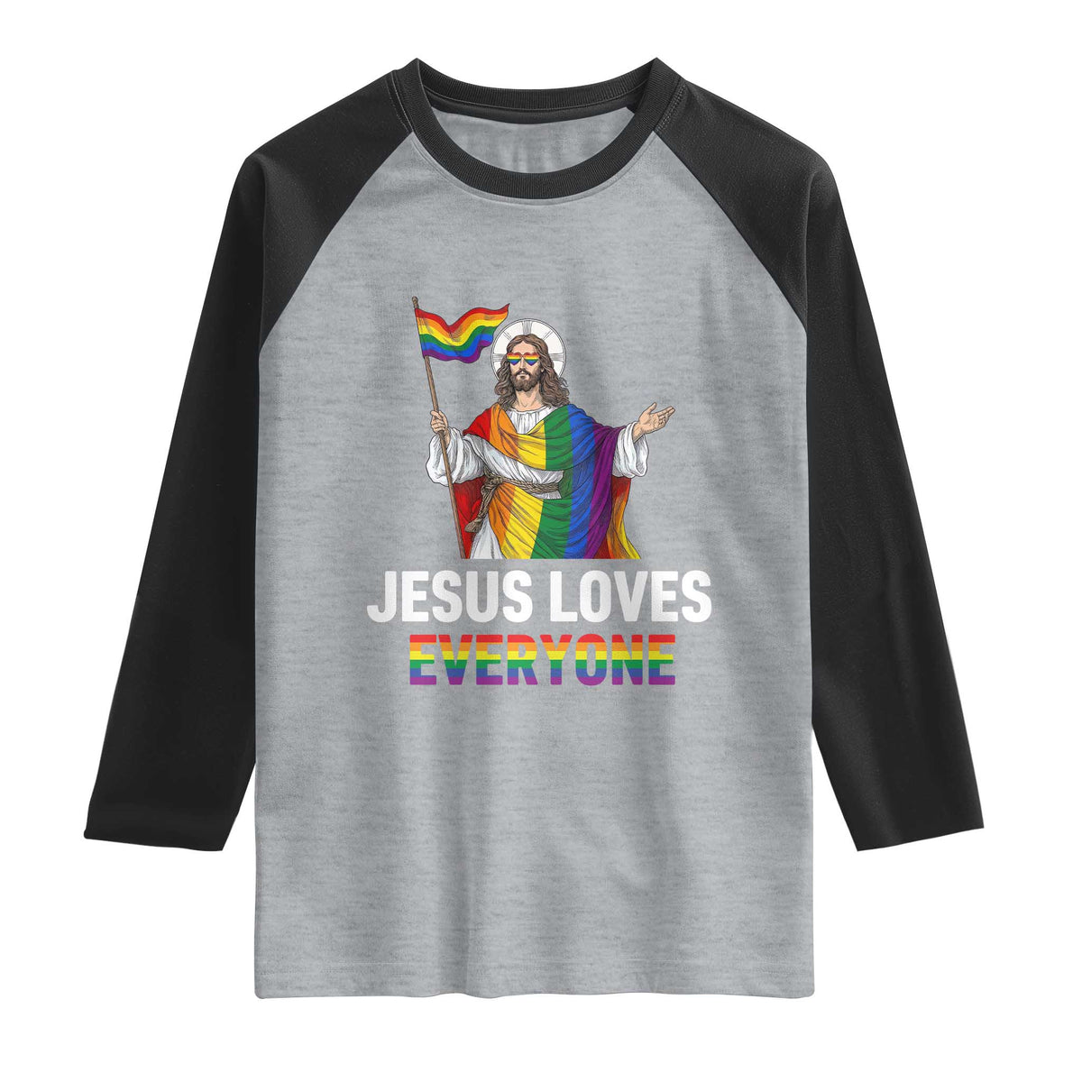 Funny Rainbow Jesus Loves Everyone Raglan Shirt Religious LGBTQ Support TS12 Heather Gray Black Print Your Wear