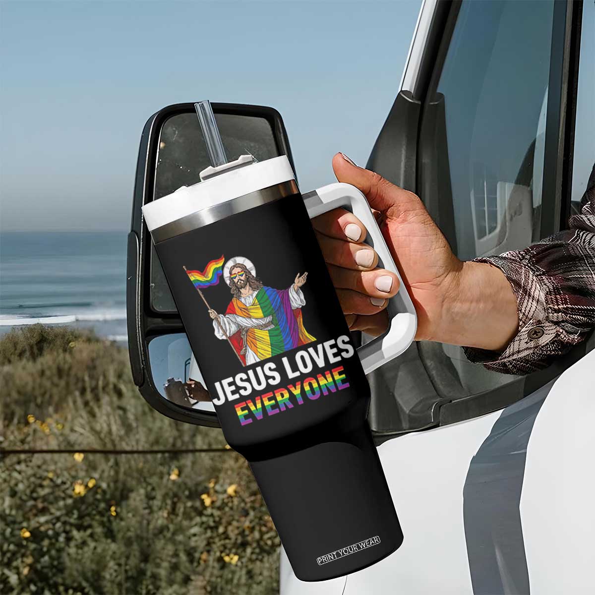 Funny Rainbow Jesus Loves Everyone Tumbler With Handle Religious LGBTQ Support TS12 Print Your Wear