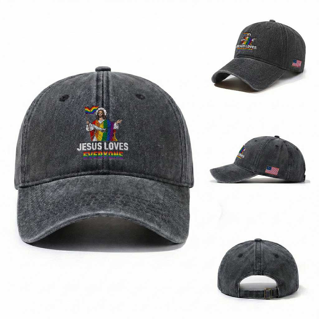 Funny Rainbow Jesus Loves Everyone Washed Cotton Baseball Cap Religious LGBTQ Support TS12 Washed Cap Universal Fit Dark Gray Print Your Wear