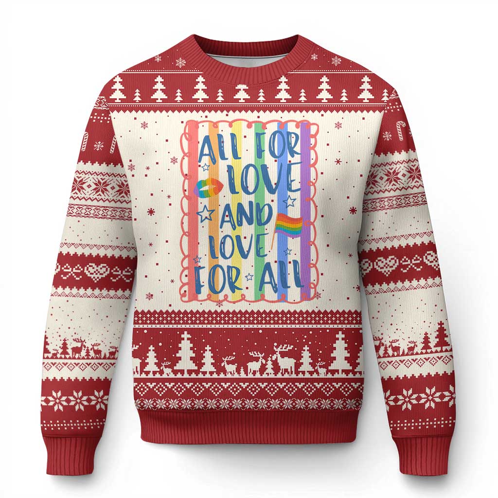 All For Love And Love For All Ugly Christmas Sweater Pride Month LGBT Support TS12 Beige Red Print Your Wear