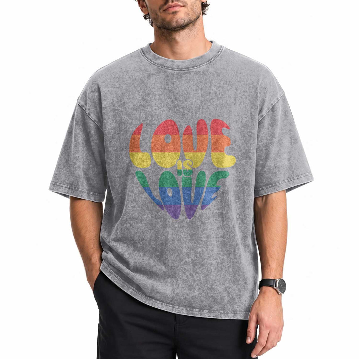Love Is Love LGBTQ Pride Washed Cotton T-Shirt Rainbow Flag Community