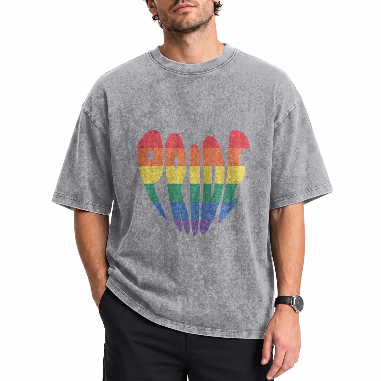 Rainbow Heart Pride Washed Cotton T-Shirt LGBTQ Support Graphic