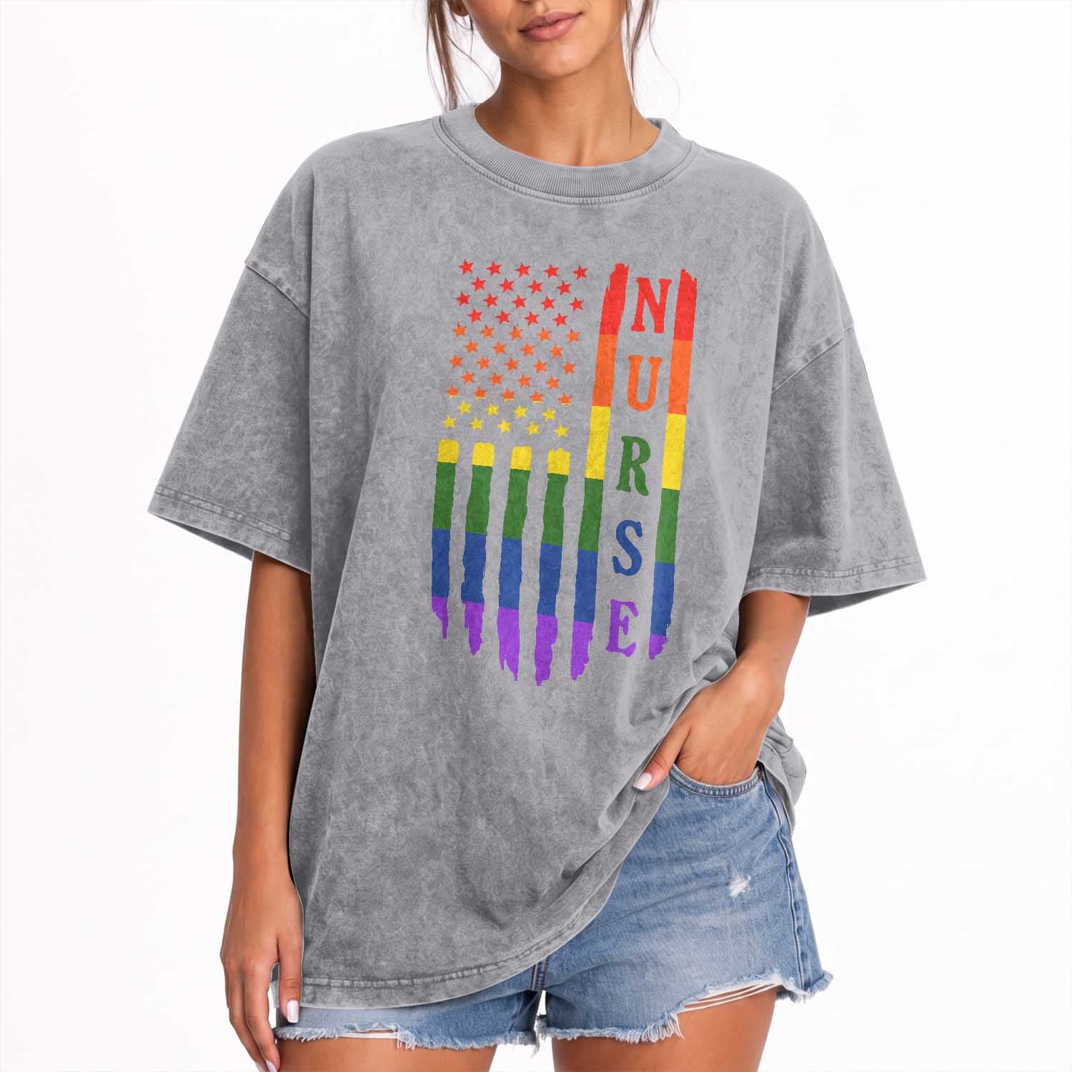 Rainbow RN Ally Pride Month Washed Cotton T-Shirt LGBTQ Healthcare Worker