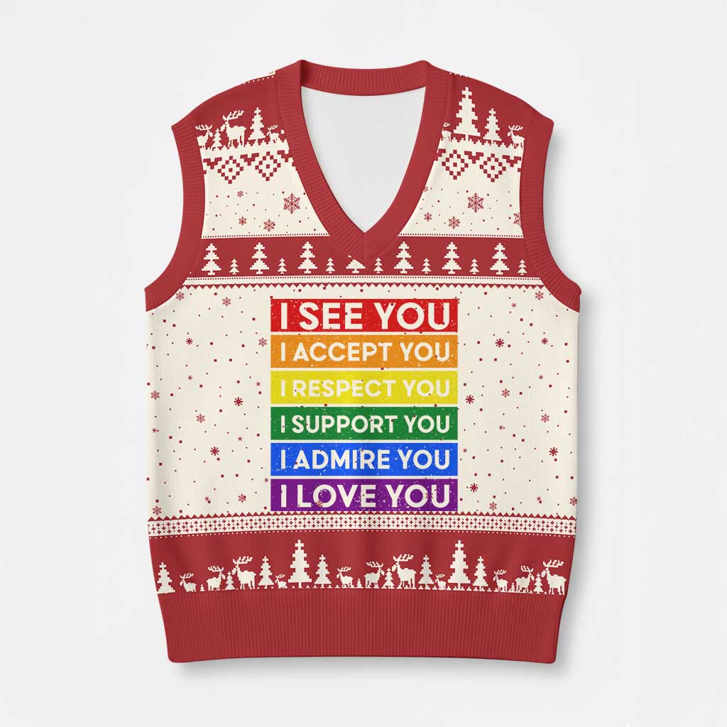 I See Accept Respect Support Admire Love You V-Neck Knit Sweater Vest LGBT Ally Pride Graphic TS12 Beige Red Print Your Wear
