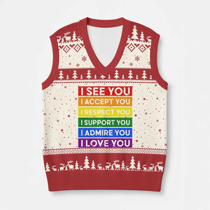I See Accept Respect Support Admire Love You V-Neck Knit Sweater Vest LGBT Ally Pride Graphic TS12 Beige Red Print Your Wear