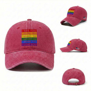 I See Accept Respect Support Admire Love You Washed Cotton Baseball Cap LGBT Ally Pride Graphic TS12 Washed Cap Universal Fit Red Print Your Wear