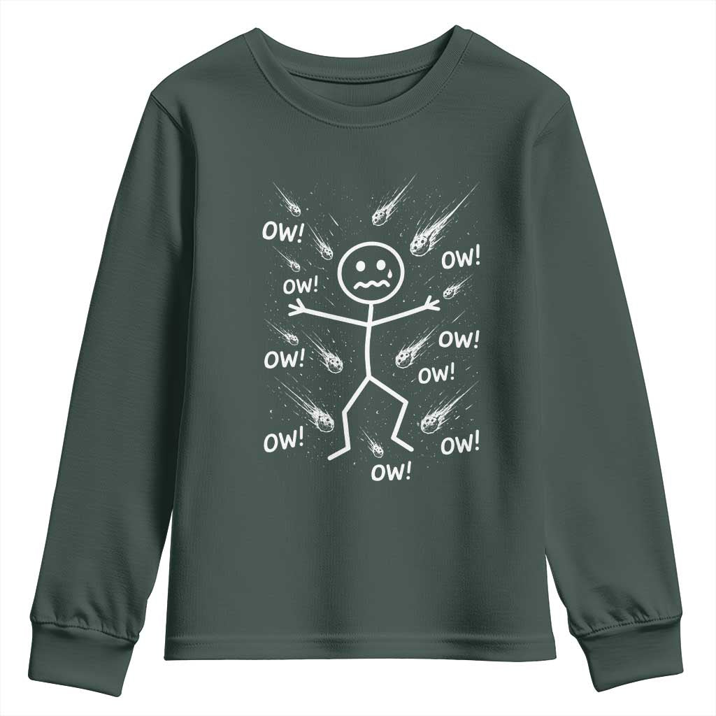 Funny Stick Figure Meteor Shower Youth Sweatshirt Cosmic Joke TS12 Dark Forest Green Print Your Wear