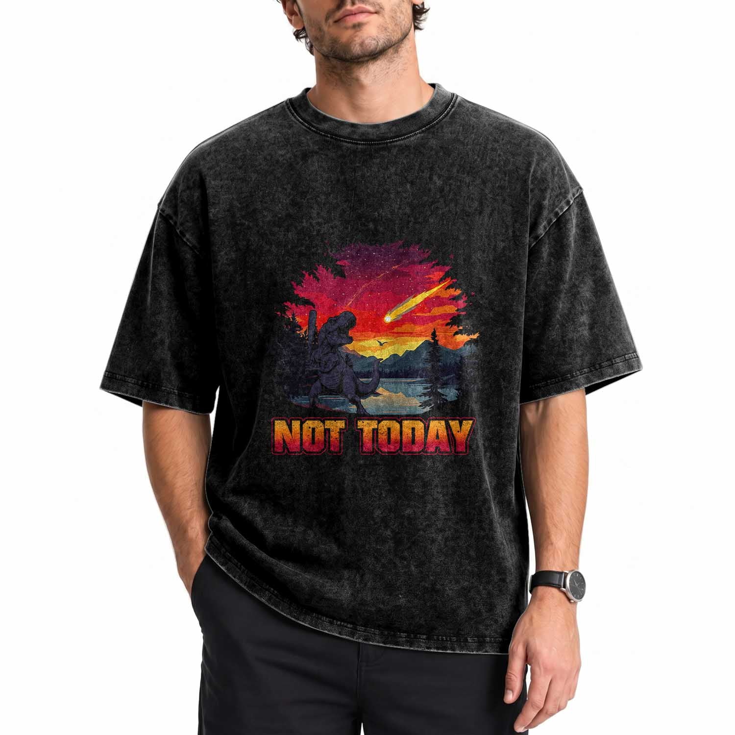 Funny Dinosaur Baseball Meteorite Washed Cotton T-Shirt Not Today