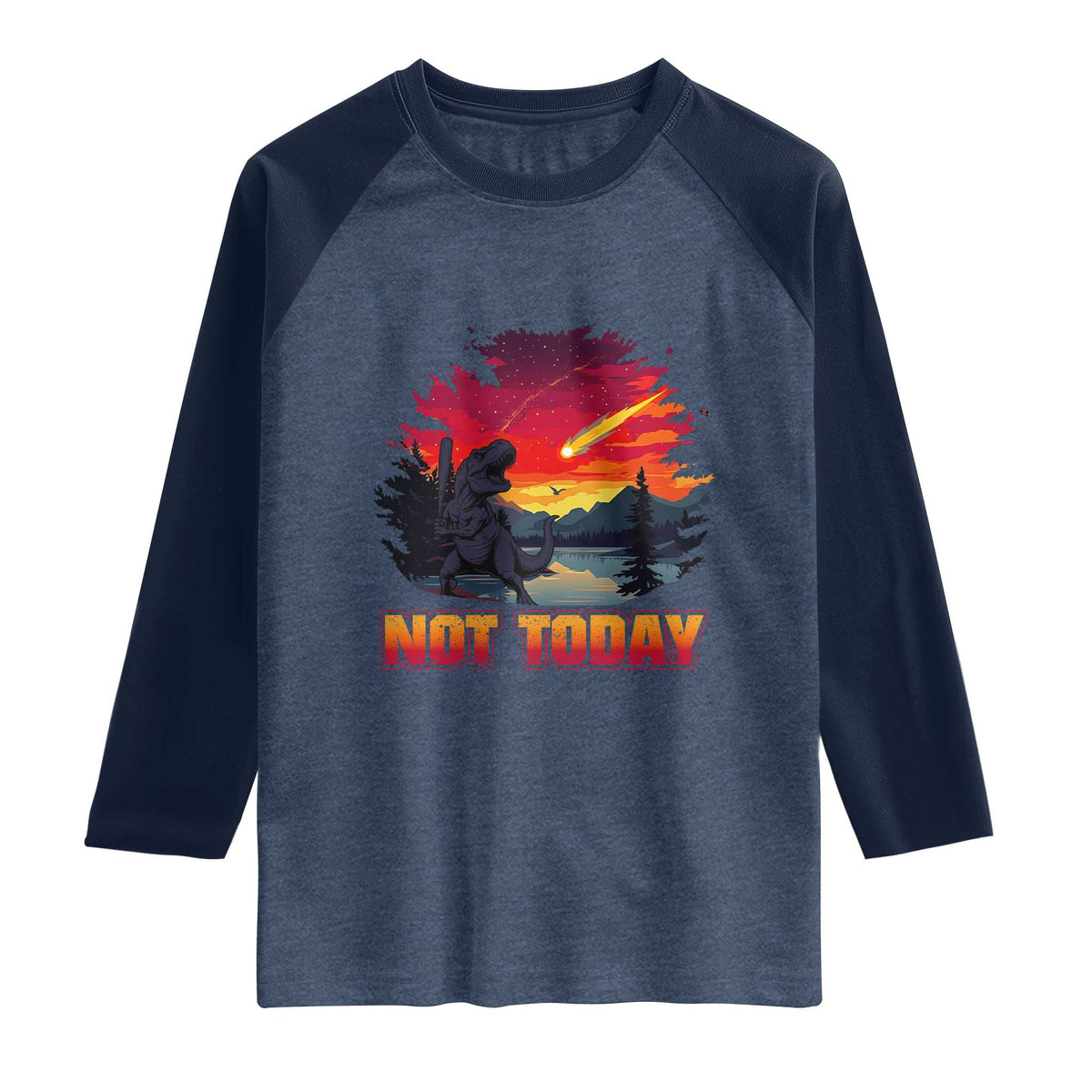 Funny Dinosaur Baseball Meteorite Raglan Shirt Not Today TS12 Heather Denim Navy Print Your Wear