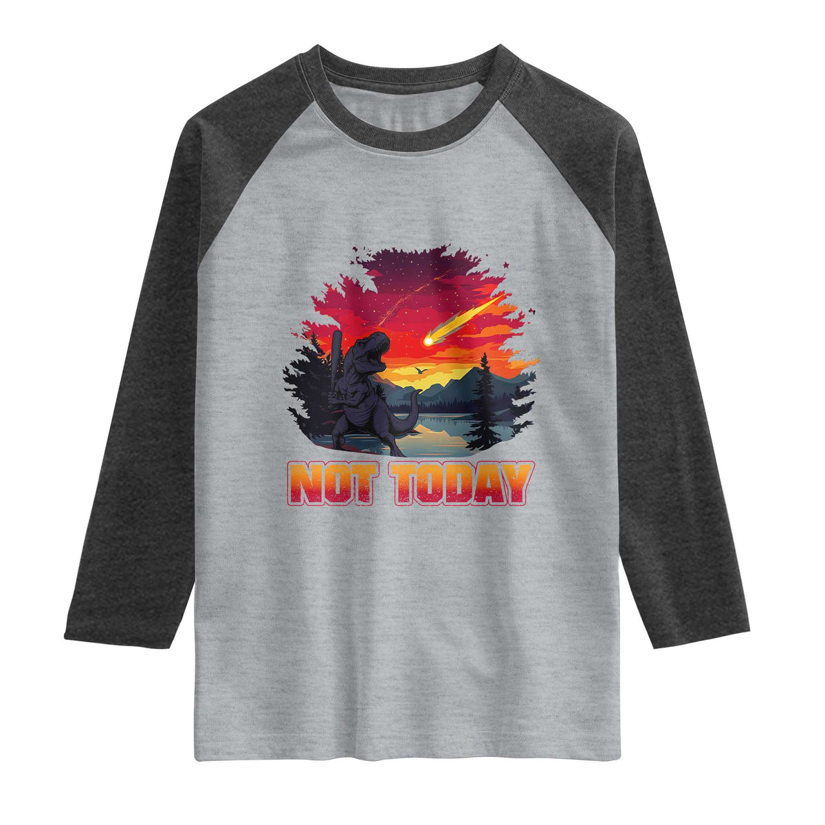 Funny Dinosaur Baseball Meteorite Raglan Shirt Not Today TS12 Heather Gray Heather Charcoal Print Your Wear
